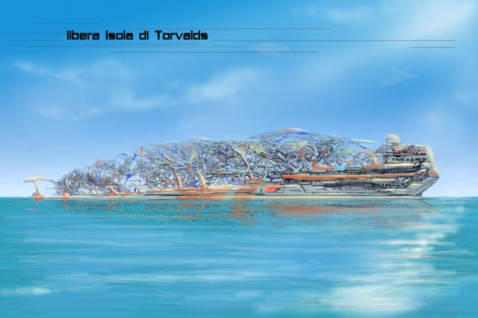 The Montecristo Project - La Libera Isola di Torvalds, prima nazione apolide e semovente delle comunità open source. Illustrazione di Fabio Porfidia
