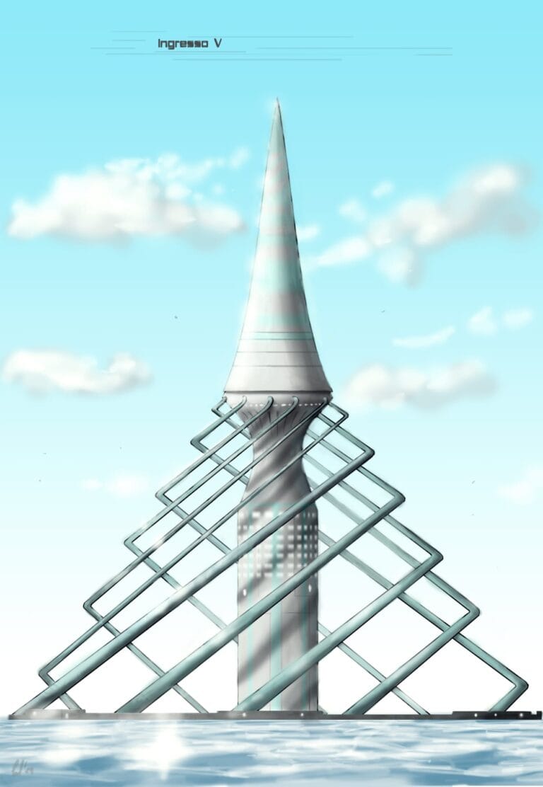 Storm - Entrance V - The tip, made of a metamaterial with an unpronounceable name, tapers to a single atom thick. Illustration by Fabio Porfidia