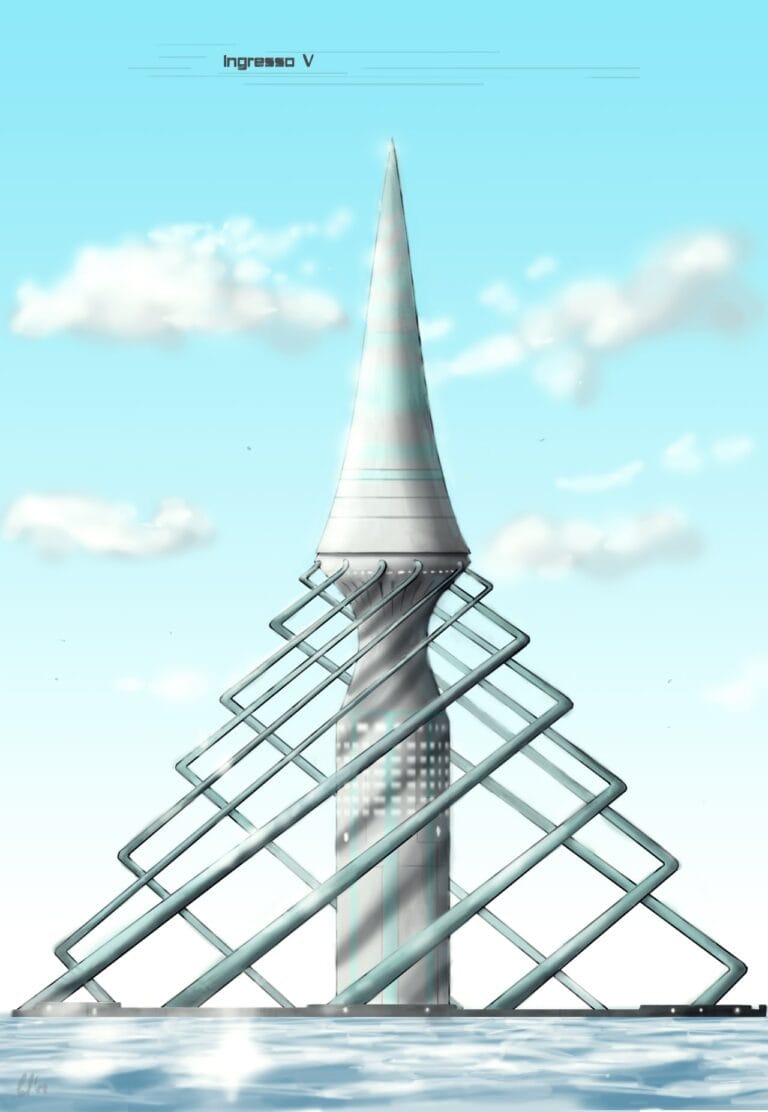 Ingresso V - La punta, fatta di un metamateriale dal nome impronunziabile, si assottiglia fino a un solo atomo di spessore. Illustrazione di Fabio Porfidia